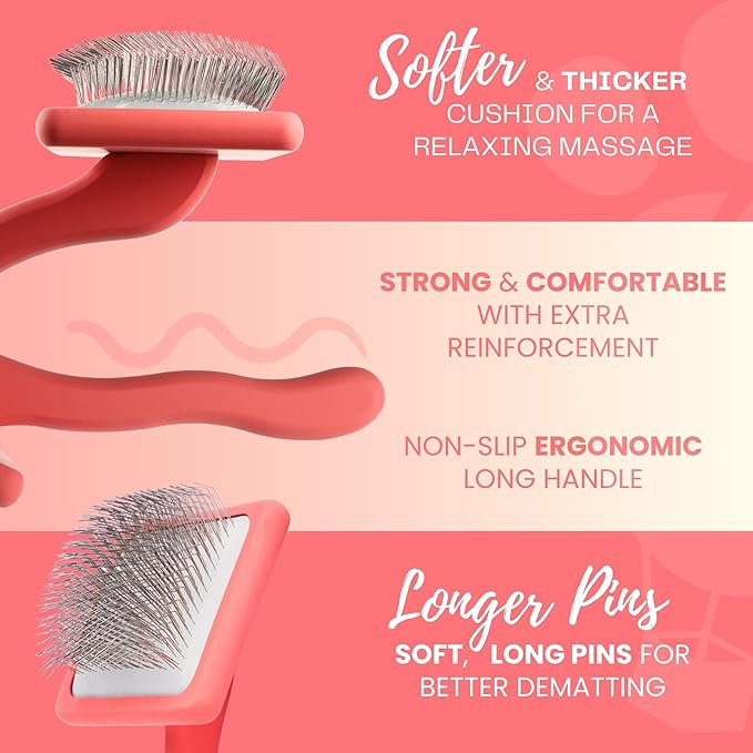 Dog Slicker Brush for Grooming Pet Hair - Best Slicker For Poodle & Golden Doodle - Long Haired Tool For Dogs - Goldendoodle Long Pin Brush For Dematting (Coral, Flat Large)
