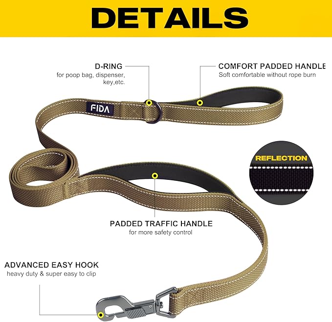 Fida 6 FT Heavy Duty Dog Leash with 2 Comfortable Padded Handles, Traffic Handle & Advanced Easy Snap Hook, Reflective Walking Lead for Large, Medium & Small Breed Dogs, Brown