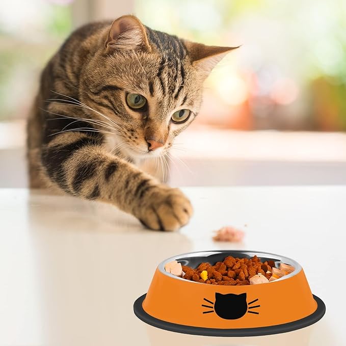 2 Pcs Non-Slip Stainless Steel Small Cat Food Bowls - Unbreakable, Thicken 7 Oz Cat Dishes - Indoor, Removable Rubber Base, Easily Clean, Lovely Color