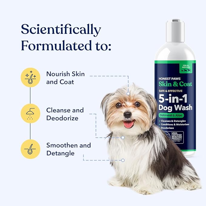 Honest Paws Dog Shampoo and Conditioner - Premium Dog Wash for Allergies and Dry, Itchy, Moisturizing for Sensitive Skin - Sulfate Free, Plant Based, All Natural - Oatmeal & Aloe -16 Fl Oz