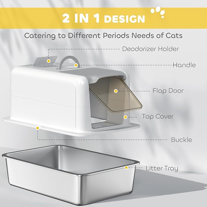 PawHut Stainless Steel Cat Litter Box, Extra Large 2 in 1 Metal Kitty Litter Pan with High Enclosure, Removable Lid & Scoop, Filter Bags, Easy to Clean, for Small to Large Kittens, White