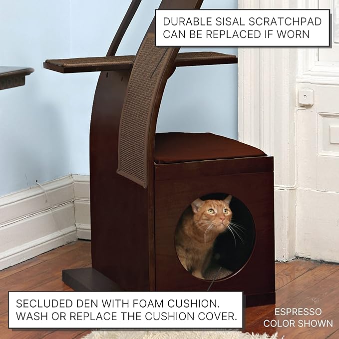The Refined Feline 69 Inch Tall Smoke Gray Lotus Cat Tower, Multi-Level Modern Cat Tree for Indoor Cats with Scratching Post, Climbing Cat Condo with Cushioned Cubby