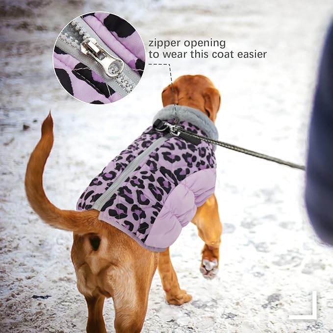 FUAMEY Dog Coat for Large Dogs,Waterproof Dog Winter Jacket with Harness Built in Puppy Cold Weather Coats Reflective Pet Vest with Zipper Warm Fleece Dogs Snowsuit Windproof Purple Leopard L