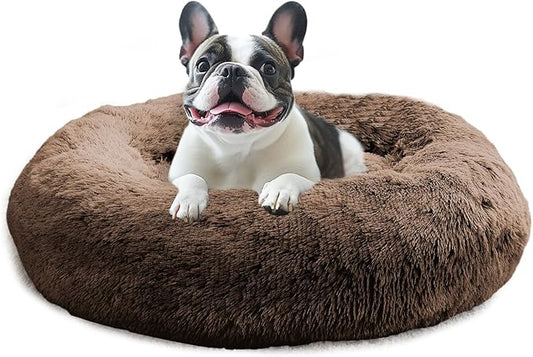 JOLLYVOGUE Calming Dog Bed Medium Size Dog, Anti-Anxiety Donut Medium Pet Bed, 27 inches Fluffy Faux Fur Round Cat Bed (Coffee)
