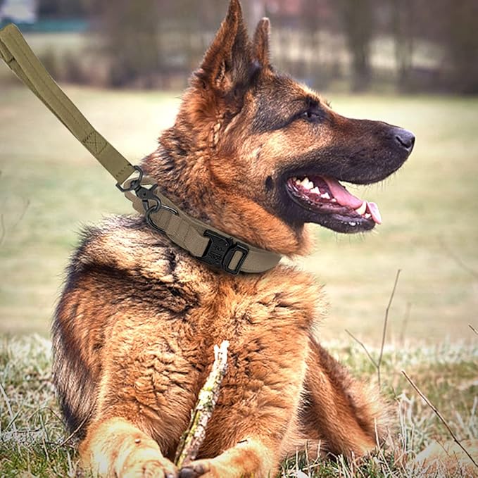 Tactical Dog Collar and Leash Set Heavy Duty Military Dog Collar with Handle and Metal Buckle for Medium and Large Dogs (Brown, XL)