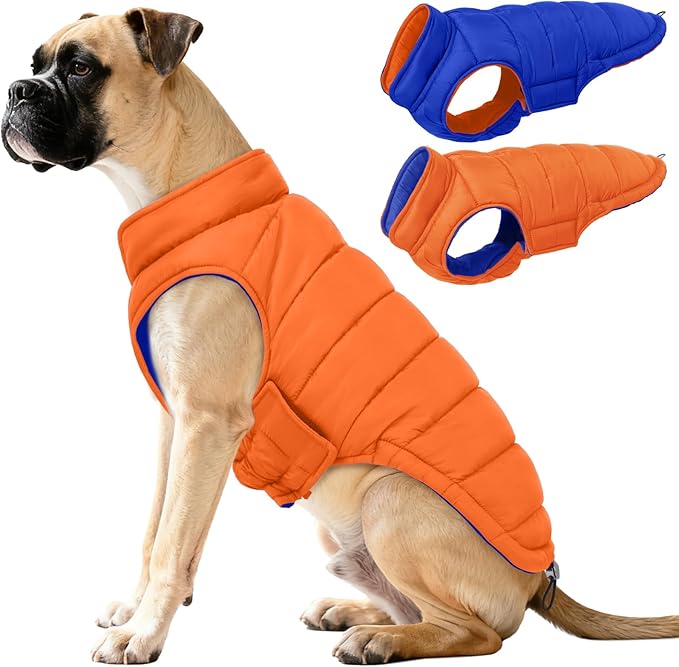 QBLEEV Reversible Dog Coat for Medium Dogs, Waterproof Windproof Winter Jacket Keeps Dogs Warm in Snow, Adjustable Hook & Loop Lightweight Dog Puffer Vest, Orange, L – Fits French Bulldog