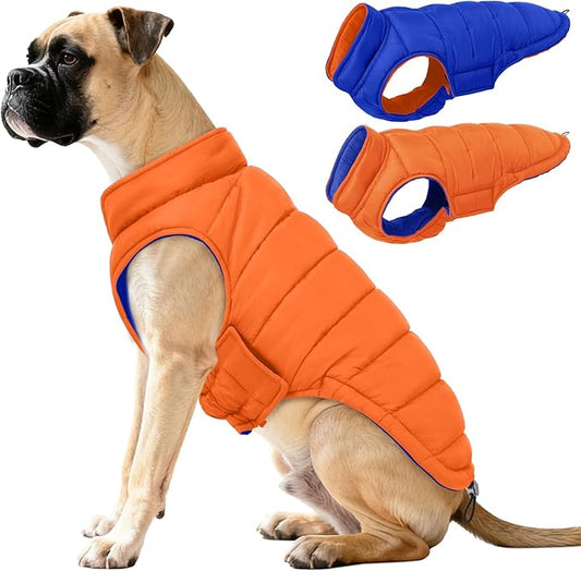 QBLEEV Reversible Dog Coat for Medium Dogs, Waterproof Windproof Winter Jacket Keeps Dogs Warm in Snow, Adjustable Hook & Loop Lightweight Dog Puffer Vest, Orange, L – Fits French Bulldog