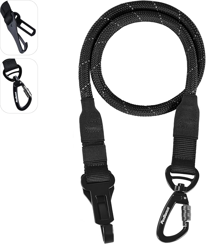 PetBonus Dog Seat Belt for Car, Durable Rope Dog Car Harness Seatbelt for Vehicle, Pet Tether Safety Restraint with Heavy Duty Buckle Hook Latch Lockable Clip for Small Medium Large Breeds (Black)
