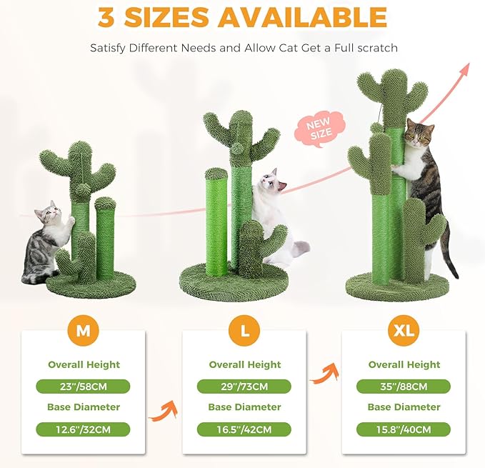 PAWZ Road Cat Scratching Post Cactus Cat Scratcher Featuring with 3 Scratching Posts and Dangling Ball-Medium 23 Inches