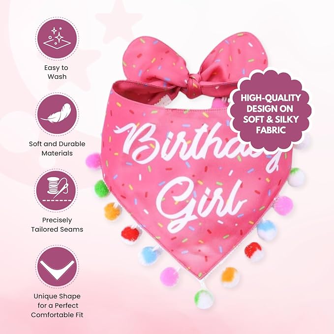 LunaMarie - Luxury Pet Birthday Bandanas -Premium & Silky Poly Fabric | 100% Handmade | Custom Shape Dual Layered (Birthday Girl, Large)