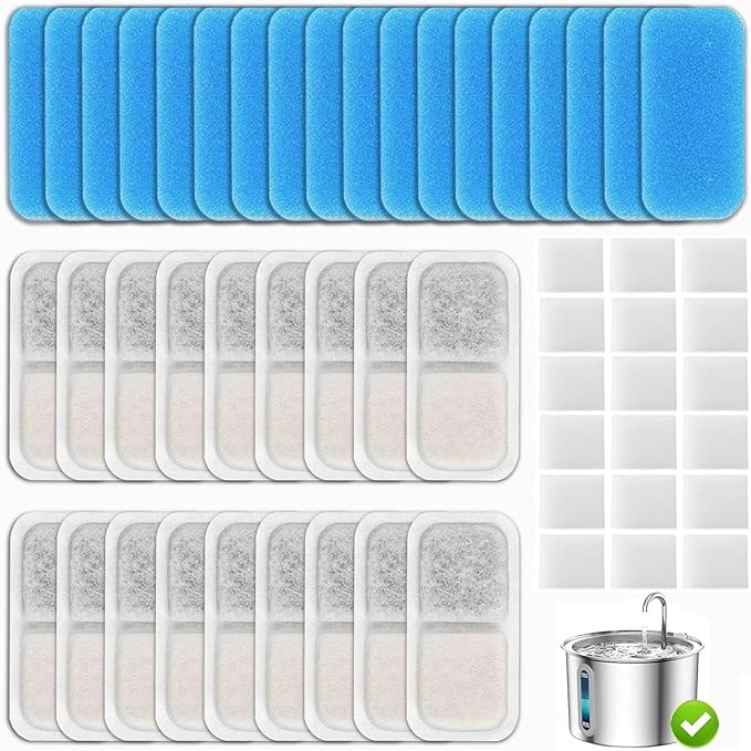 12 Set Cat Fountain Replacement Filters Compatible with oneisall PWF-001 2L/67oz Stainless Steel Pet Water Fountain Filters with Replacement Pre-Filter Pump Sponges