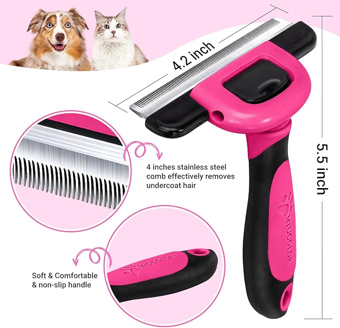 MIU COLOR Pet Grooming Brush, Deshedding Tool for Dogs & Cats, Effectively Reduces Shedding by up to 95% for Short Medium and Long Pet Hair, Hot Pink