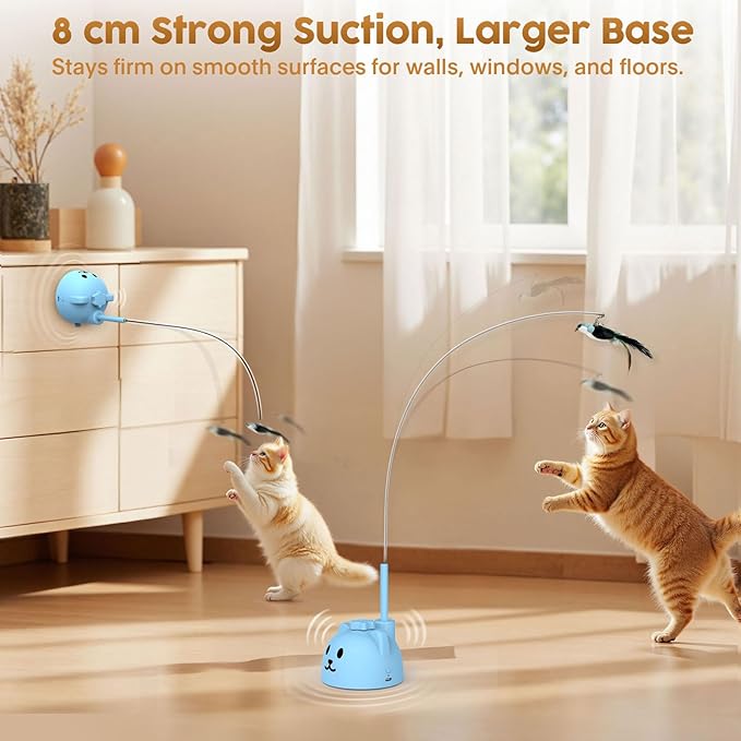 Interactive Cat Toys for Indoor Cats: Upgraded 360° Automatic Spin Flying Bird Feather Wand with Silicone Protected Rod Safe Play, Strong 8cm Suction Cup, USB-Rechargeable for Bored Kittens and Adult