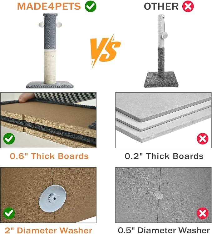 Made4Pets Tall Cat Scratching Post, Heavy Duty and Thicker Scratching Posts for Indoor Cats Adults, 23.6" Natural Sisal Cat Scratcher with Hanging Balls, Sturdy Base Cat Scratch Post, Light Grey