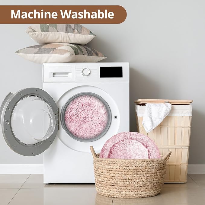 JOLLYVOGUE Calming Dog Bed for Small Dogs - 23 inches Donut Washable Small Dog Bed for Kittens & Puppies, Anti-Slip Round Fluffy Plush Faux Fur Cat Beds (Fits up to 25 lbs Pets, Smoke Pink)