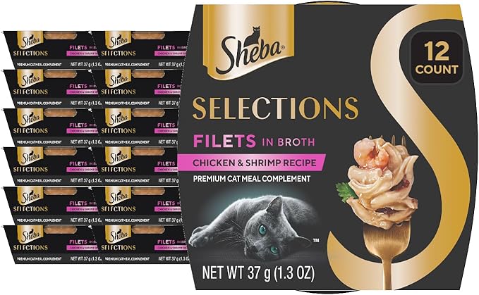 Sheba Selections Filets in Broth Adult Wet Cat Meal Complement Chicken & Shrimp Recipe, 1.3 oz. Cups, 12 Count