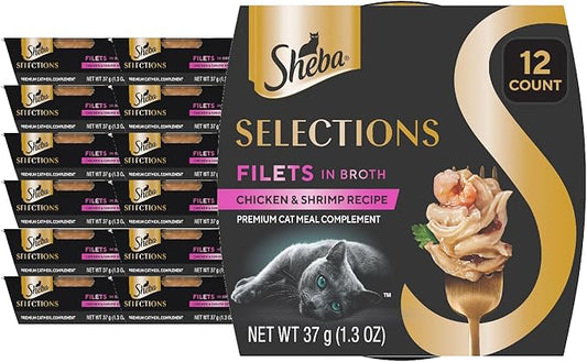 Sheba Selections Filets in Broth Adult Wet Cat Meal Complement Chicken & Shrimp Recipe, 1.3 oz. Cups, 12 Count