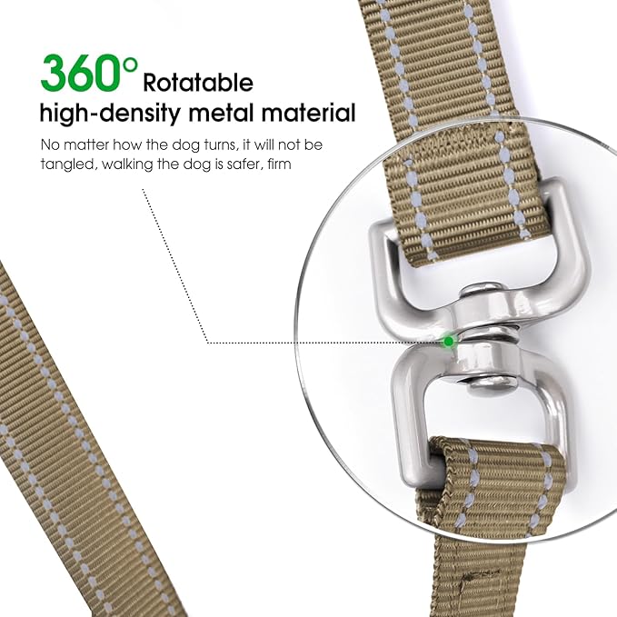 Hands-Free Dog Leash, Heavy Duty No-Pull Training Lead w/Anti-Tangle, Double Padded Traffic Handles Adjustable 4-4.6FT & Reflective Thread for Medium Large Dogs for Running/Walking Khaki