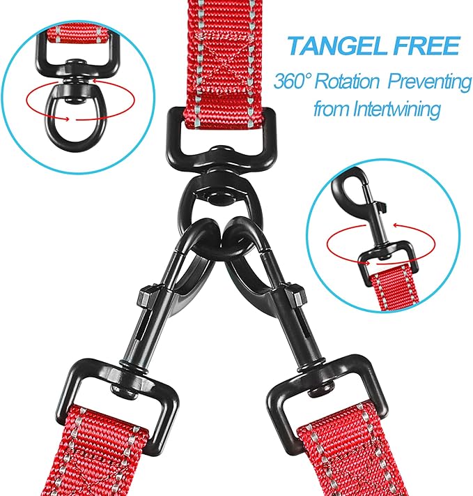 PetBonus Double Dog Leash, No Tangle Dual Leash, Reflective Walking Training Lead, 4 Comfortable Padded Handles for 2 Dogs with Collapsible Bowl and Waste Bags (Red, Large)