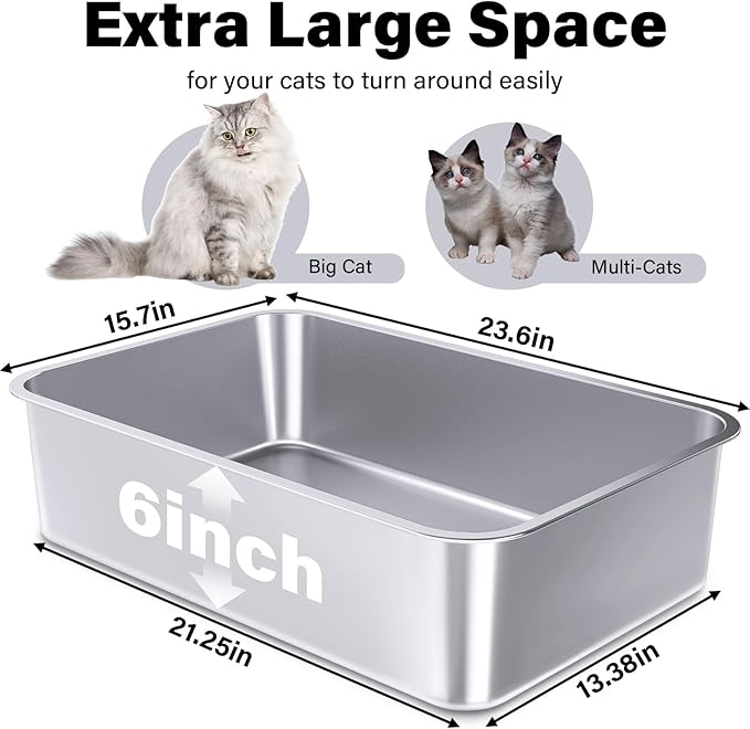Stainless Steel Litter Box, 23.6“x15.7"x6" Deep Stainless Steel Cat Litter Box Extra Large, XL Metal Litterbox for Big Cats with High Sides, Non Stick Surface, Easy to Clean