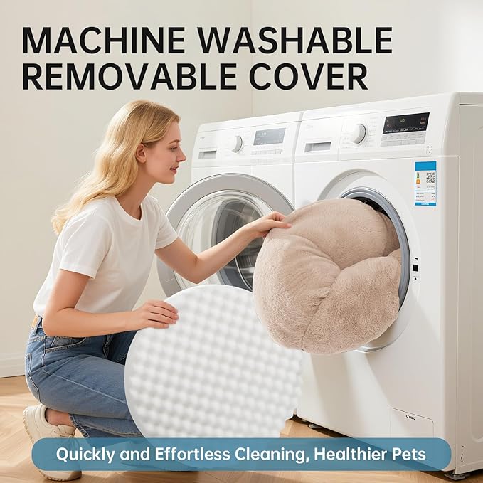 OhGeni 31 inches Calming Donut Orthopedic Dog & Cat Bed for Medium Pets, Warming Comfort Fluffy Short Pile Fur, Durable Waterproof Machine Washable Removable Cover, Cute Round Bed for Puppy, Cream