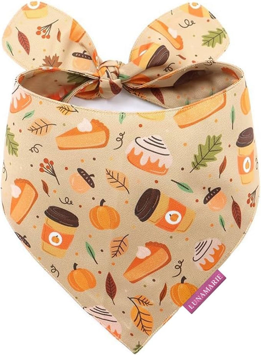 LunaMarie - Luxury Dog Bandanas - Pumpkin Spice Fall Design | Premium & Silky Poly Fabric | 100% Handmade Quality | Custom Shape Dual Layered Reversible Small, Medium, Large Pet (Fall Sweets, Small)