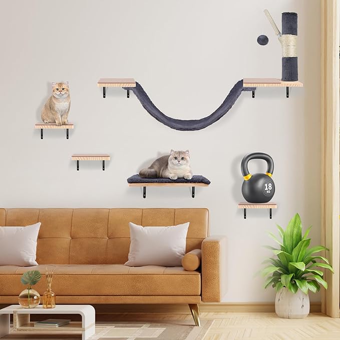 Cat Shelves for Wall,Solid Wood Cat Wall Furniture,with Hammock,Jumping Boards,Sofa,Steps,Scratching Post,Hanging Ball and Felt Pads, Suit for Cats Climb, Jump,Scratch-Dark