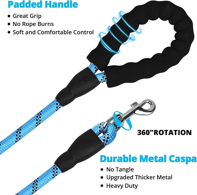 Long Dog Leash 40 FT: Heavy Duty Rope Leashes for Dogs Training with Swivel Lockable Hook Reflective Threads Bungee and Padded Handle - Dog Lead for Large Small Medium Dogs Outside Walking Hiking Blue