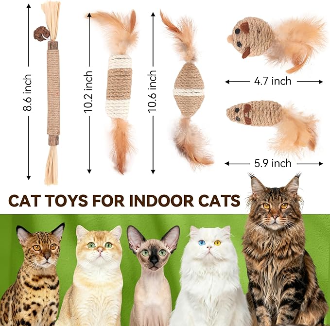 6 Pcs Cat Toy Set - Sisal Rope Mouse Toys with Feather & Rattle + Silvervine Chew Stick, Interactive Hunting & Dental Care Mice Toys for Indoor Kittens & Adult Cats