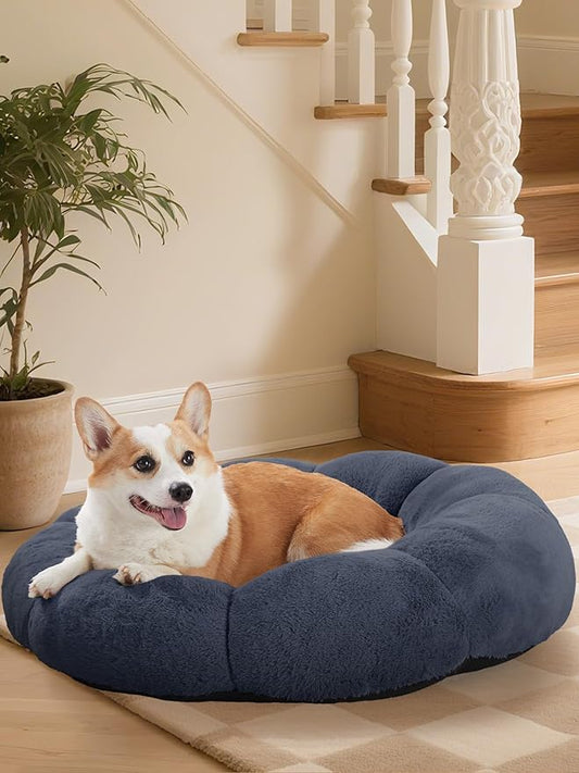 OhGeni 31 inches Calming Donut Orthopedic Dog & Cat Bed for Medium Pets, Warming Comfort Fluffy Short Pile Fur, Durable Waterproof Machine Washable Removable Cover, Cute Round Bed for Puppy, Blue