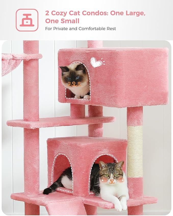 Pink Cat Tree for Large Cats with Super Large Top Perch,56.2" Multi-Level Tower for Indoor Cats with Hammock, Cat Shelves with Scratching Posts and 2 Condos Houses, Pink