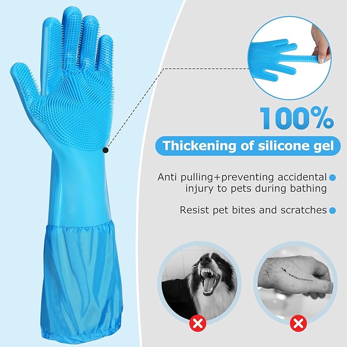 Dog Washing Gloves | Pet Grooming Gloves | Extra Long Arms (17.3") for Cats & Dogs | Massage & Hair Removal Pet Glove(Blue)