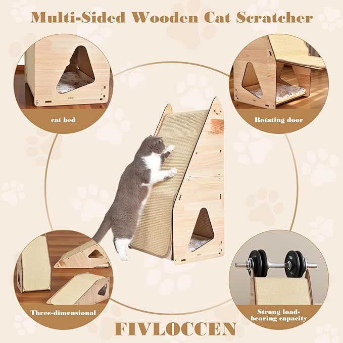 Enhanced Wood-Framed Cat Scratching Post: Large Sisal Cat Scratcher, Integrated Scratch Post Pad Condo Tunnel House. All-in-One Space Saver for Multi-Cat & Budget-Friendly Homes(24in)