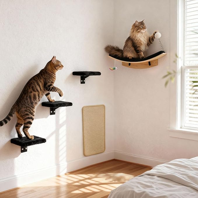 Cat Shelves for Wall，5 in 1 Cat Furniture Set with Soft Pad，Space-Saving Wall Mounted Shelves for Play & Rest