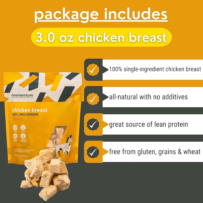 Momentum Carnivore Nutrition Freeze-Dried Chicken Breast Dog Treats & Cat Treats – Single-Ingredient, High-Protein, Grain-Free, Lean & Easily Digestible – Made in USA – 3 oz Bag