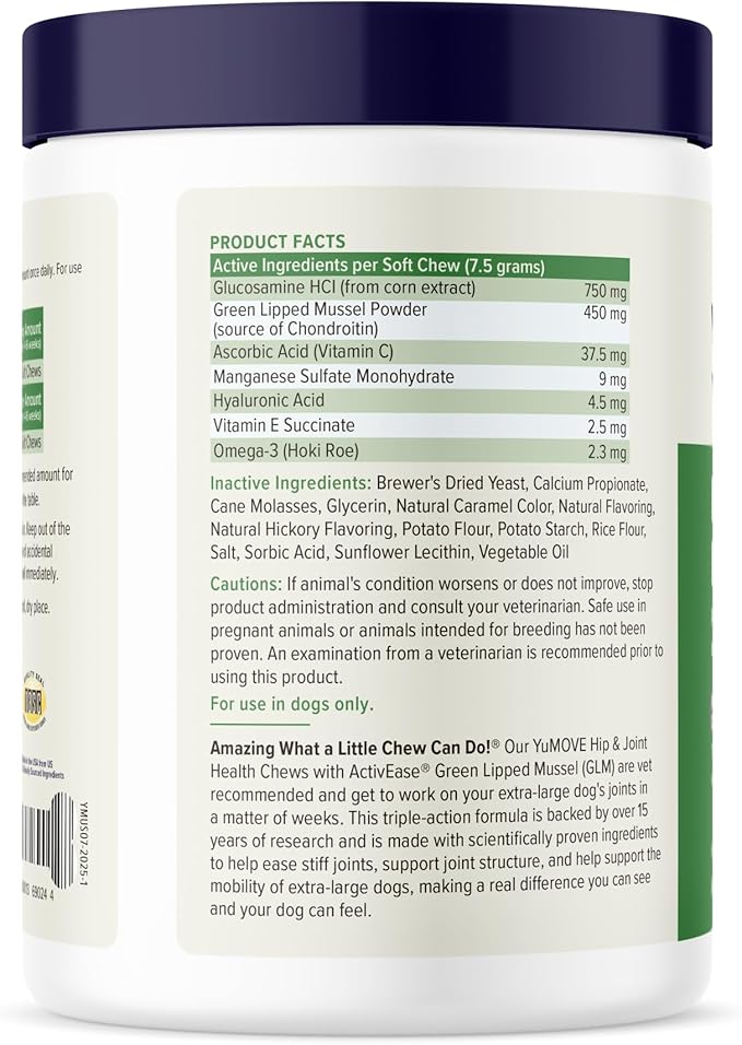 Yumove Hip & Joint Supplement for Dogs - with Glucosamine Chondroiton, Green Lipped Mussel, Hyaluronic Acid, and Omega 3 Joint Supplement for Stiffness and Mobility - 60 Chews (Large/XL Dogs)