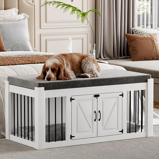 Dog Crate Furniture with Padded Seat, Luxury Wooden Dog Kennel, End of Bed Bench Ottoman with Removable Cushion for Bedroom, Living Roome, White