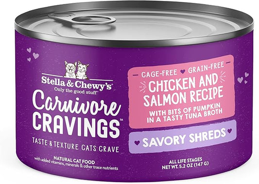 Stella & Chewy's Carnivore Cravings Savory Shreds Cans – Grain Free, Protein Rich Wet Cat Food – Cage-Free Chicken & Wild-Caught Salmon Recipe – (5.2 Ounce Cans, Case of 24)