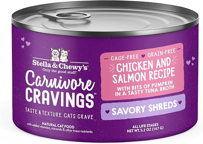 Stella & Chewy's Carnivore Cravings Savory Shreds - Wet Cat Food - High-Moisture Formula with Premium Cage-Free Chicken & Wild-Caught Salmon - Perfect for Picky Eaters - 5.2 oz, 8 Count