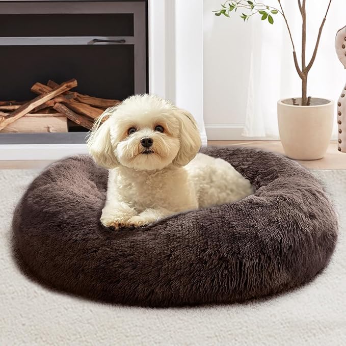 JOLLYVOGUE Calming Dog Bed Medium Size Dog, Anti-Anxiety Donut Medium Pet Bed, 31 inches Fluffy Faux Fur Round Cat Bed, Fits up to 45 lbs Pets