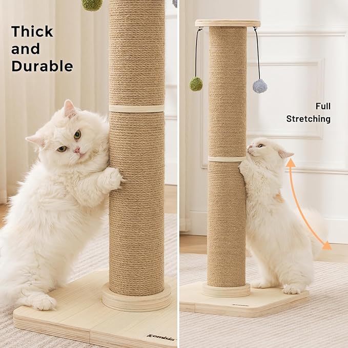 35'' Tall Cat Scratching Post, 4.7'' Large Scratch Post with Thicken Wooden Base for Indoor Cats Adults, Sisal Scratcher Top & Dangling Balls, Super Sturdy
