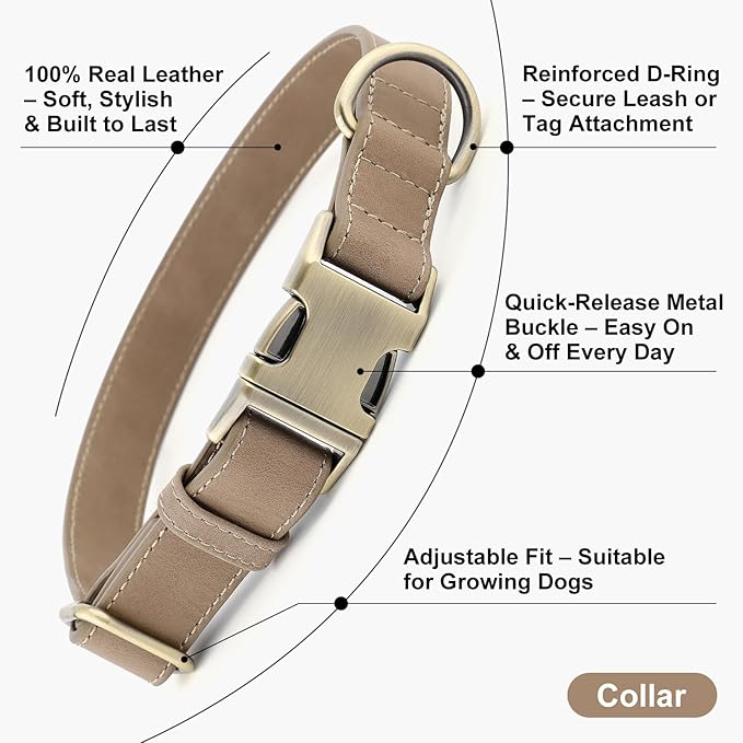 Plutus Pet Genuine Leather Dog Collar – Adjustable Pet Collar with Quick Release Metal Buckle, Soft Real Leather for Small Medium Large Dogs, Heavy Duty & Skin-Friendly (Ash Brown, L)