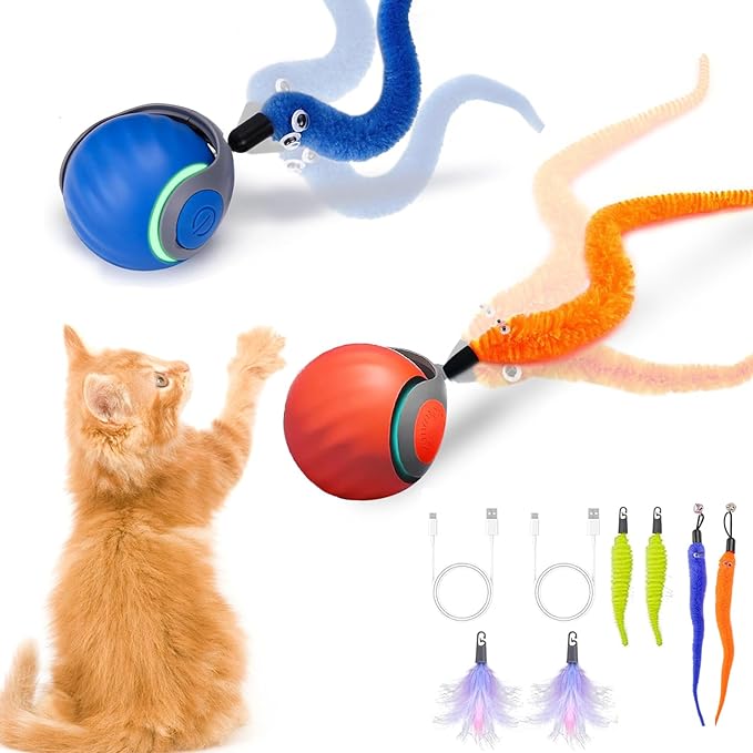 Interactive Cat Toy Ball for Indoor Cats, 2PCS Automatic Interactive Cat Ball Toys with 3 Tails Each Speedy Balls Rechargeable Motion Activated Cats Rolling Balls Toys to Keep Them Busy