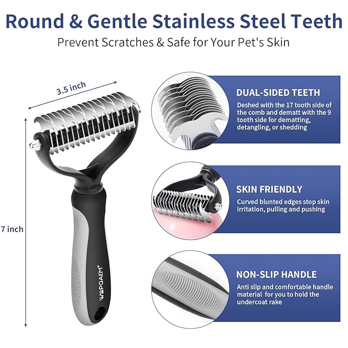 Dog Brush Grooming Kit 5 PCS - Self Cleaning Slicker Brush for Shedding Short Long Haired Dogs & Cats, Includes Pet Comb, Flea Comb, Bath Brush, Undercoat Rake - Complete Fur Care Set - Gray