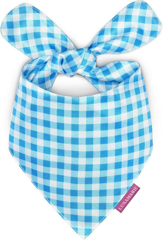 LunaMarie - Luxury Pet Birthday Bandanas -Premium & Silky Poly Fabric | 100% Handmade | Custom Shape Dual Layered (Blue Checkers, X-Small)