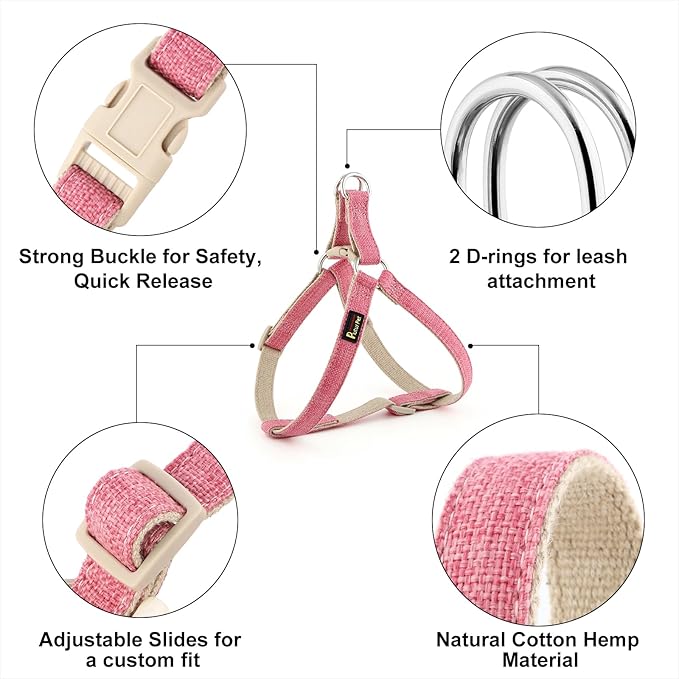 Plutus Pet Cotton Hemp Step in Dog Harness, Sustainable, Lightweight and Escape-Proof, Quick Fit Dog Harness for Puppy Small Medium and Large Dogs, Hot Pink, S