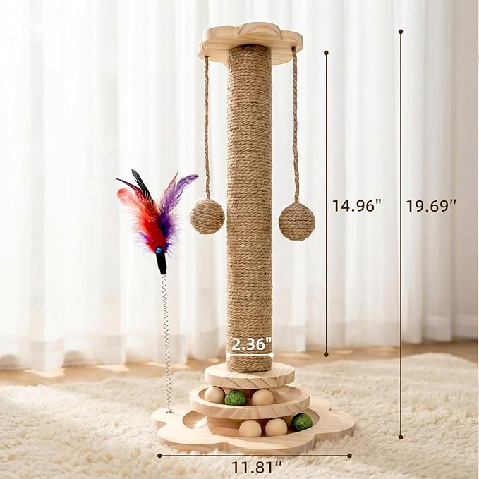 Scratching Post - 4 in 1 Cat Scratch Post, Interactive Cute Small Wooden Cat Scratcher with 2 Level Catnip Toys Balls & 2 Sisal Hanging Balls for Indoor Kitten Kitty