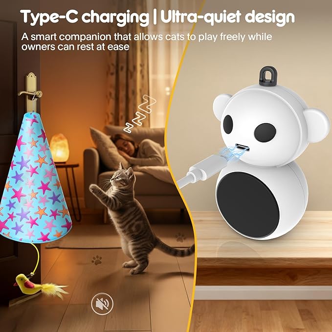 Interactive Cat Toys for Indoor Cats: 2 in 1 Automatic Hide and Seek Flying Bird Feather Wand Chirping Toy, Door Knob Moving Mouse Hunting Toys, Rechargeable Toys for Bored Kitten Adult Cats (Blue)