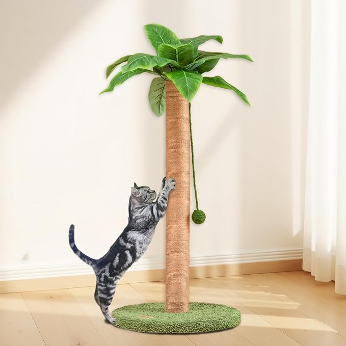 Meowoou Cat Scratching Post 33 Inch Tall Cat Scratcher for Indoor Cats Adults,Small Cat Tree Tower Sisal Rope Kitten Scratch with Interactive Hanging Ball