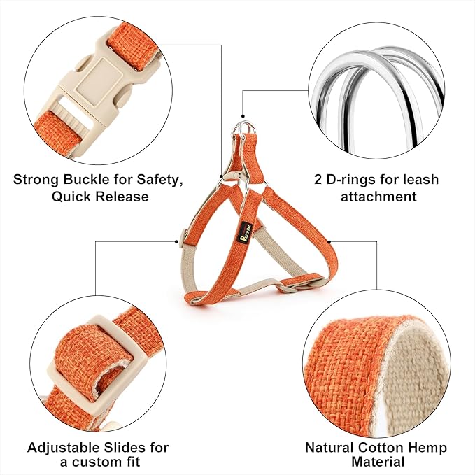 Plutus Pet Cotton Hemp Step in Dog Harness, Sustainable, Lightweight and Escape-Proof, Quick Fit Dog Harness for Puppy Small Medium and Large Dogs, Orange, M